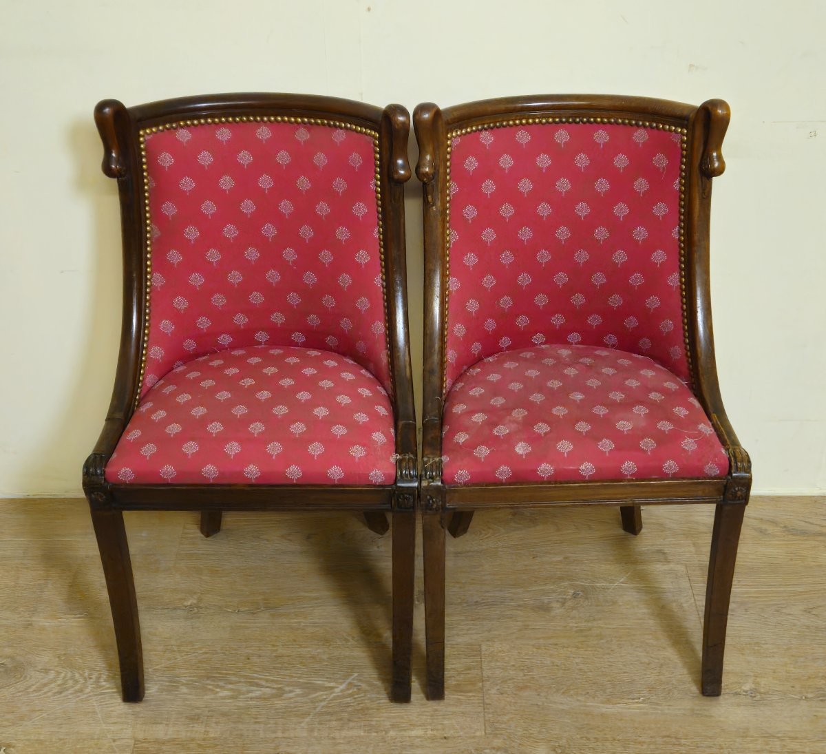 Pair Of Empire Style Armchairs Or Lounge Chairs – Mahogany And Red Fabric    -photo-2