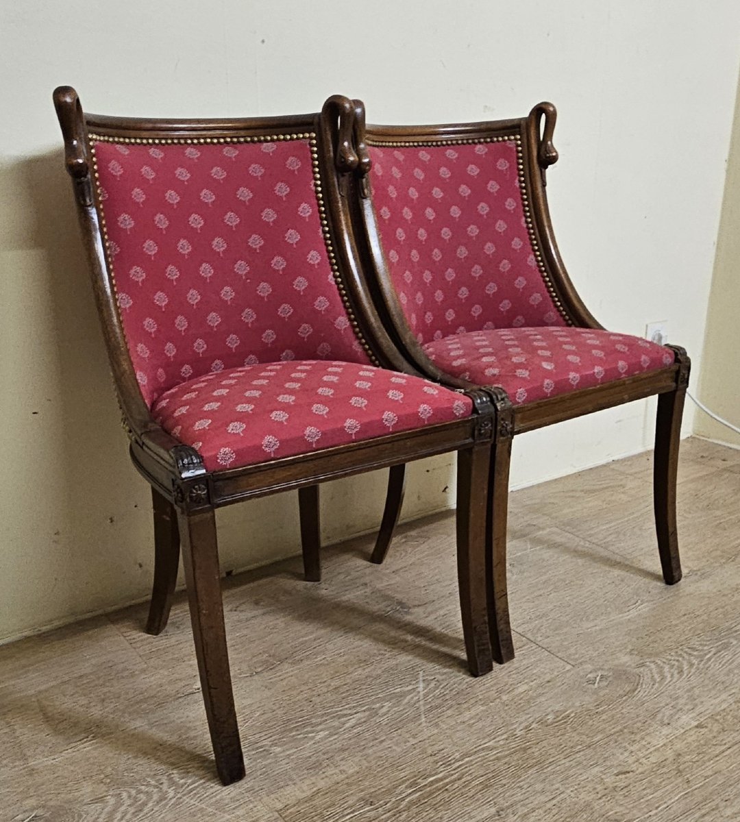 Pair Of Empire Style Armchairs Or Lounge Chairs – Mahogany And Red Fabric    -photo-3