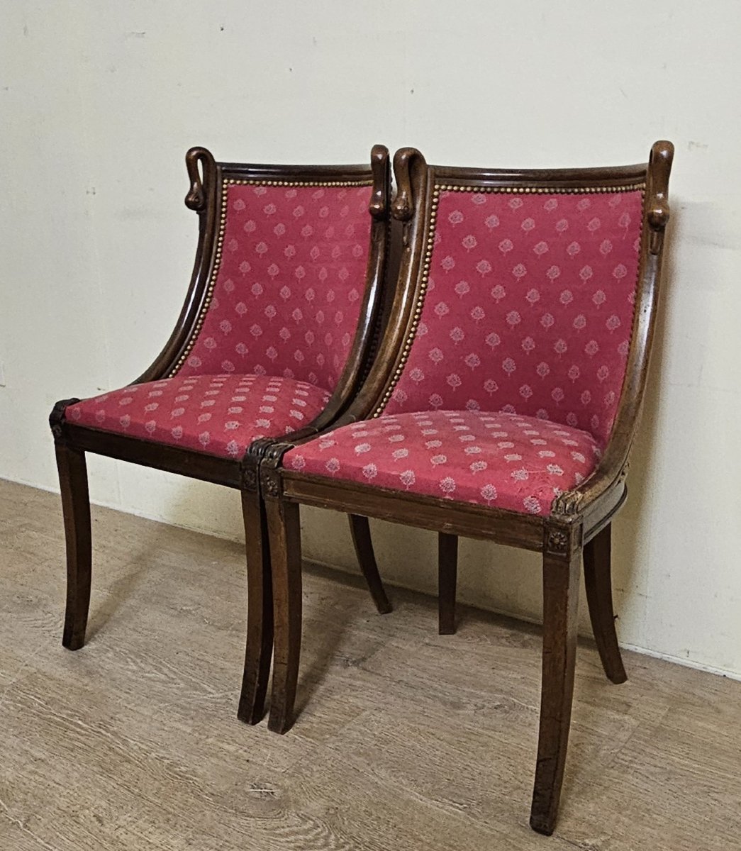Pair Of Empire Style Armchairs Or Lounge Chairs – Mahogany And Red Fabric    -photo-4