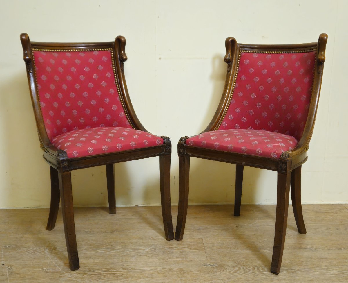 Pair Of Empire Style Armchairs Or Lounge Chairs – Mahogany And Red Fabric    -photo-7