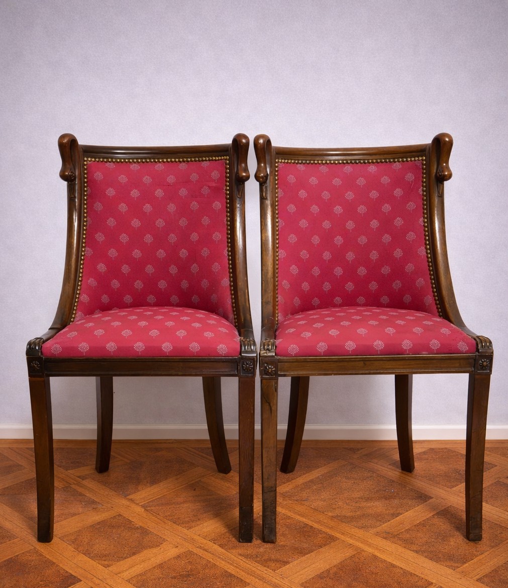 Pair Of Empire Style Armchairs Or Lounge Chairs – Mahogany And Red Fabric    