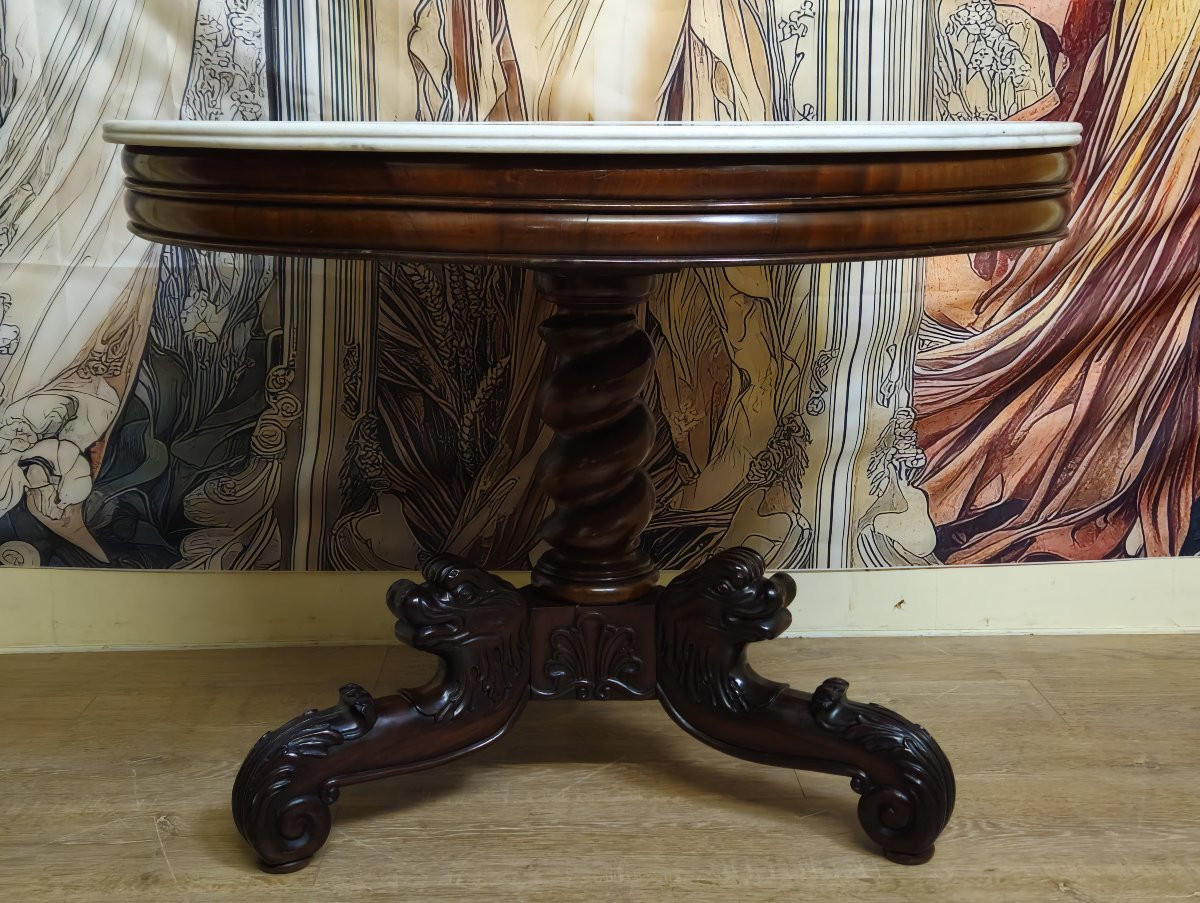 Antique Carved Mahogany Side Table With Marble Top – Empire Period -photo-1