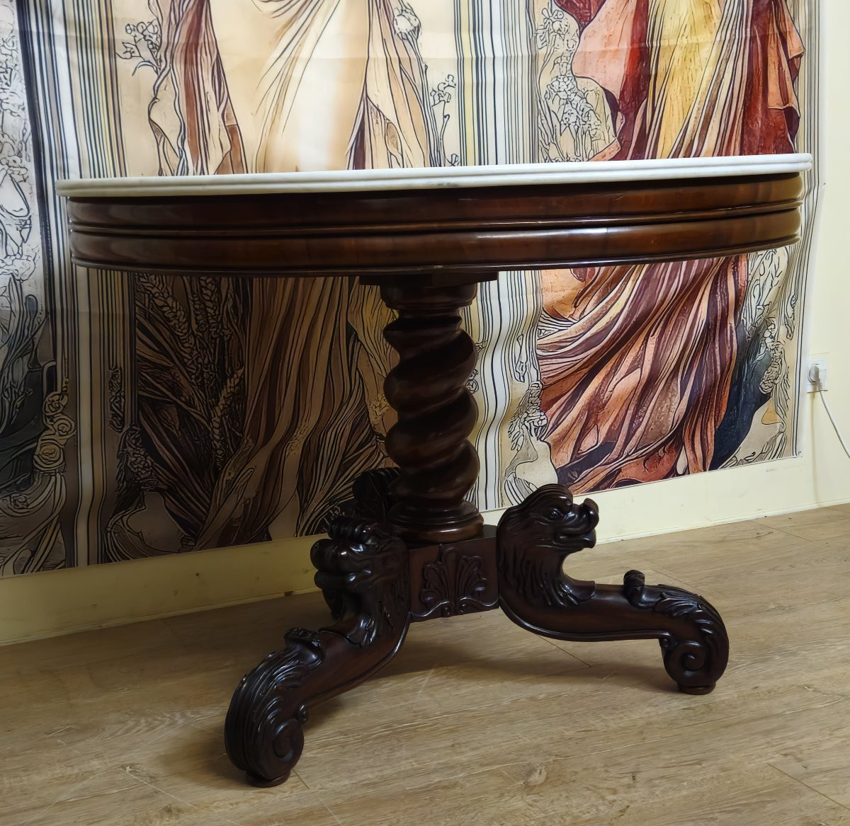 Antique Carved Mahogany Side Table With Marble Top – Empire Period -photo-2