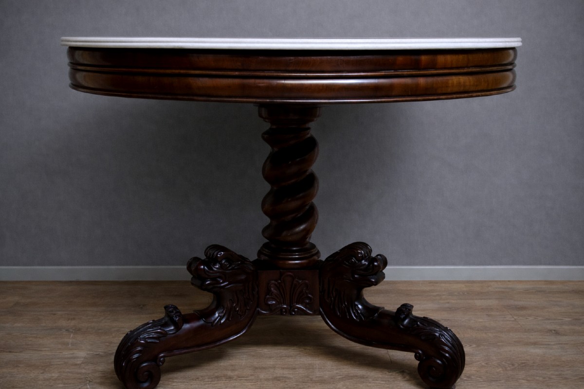 Antique Carved Mahogany Side Table With Marble Top – Empire Period 