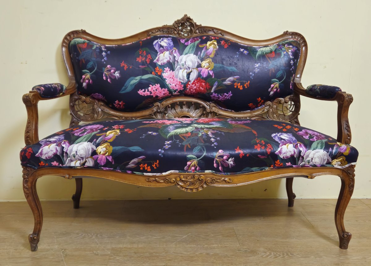 Banquette ancienne de style Louis XV / Napoléon III, en bois sculpté-photo-1