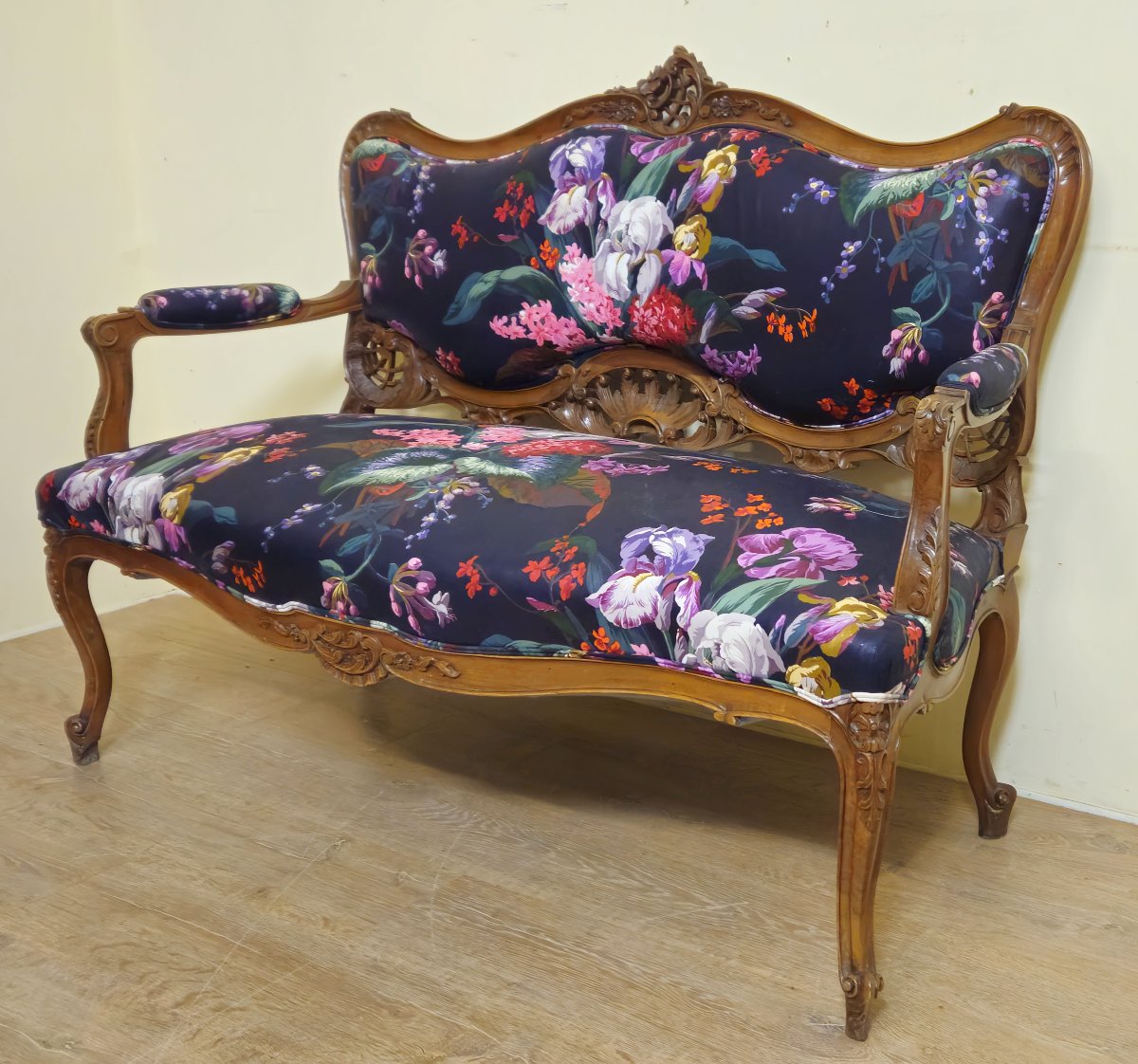 Banquette ancienne de style Louis XV / Napoléon III, en bois sculpté-photo-3