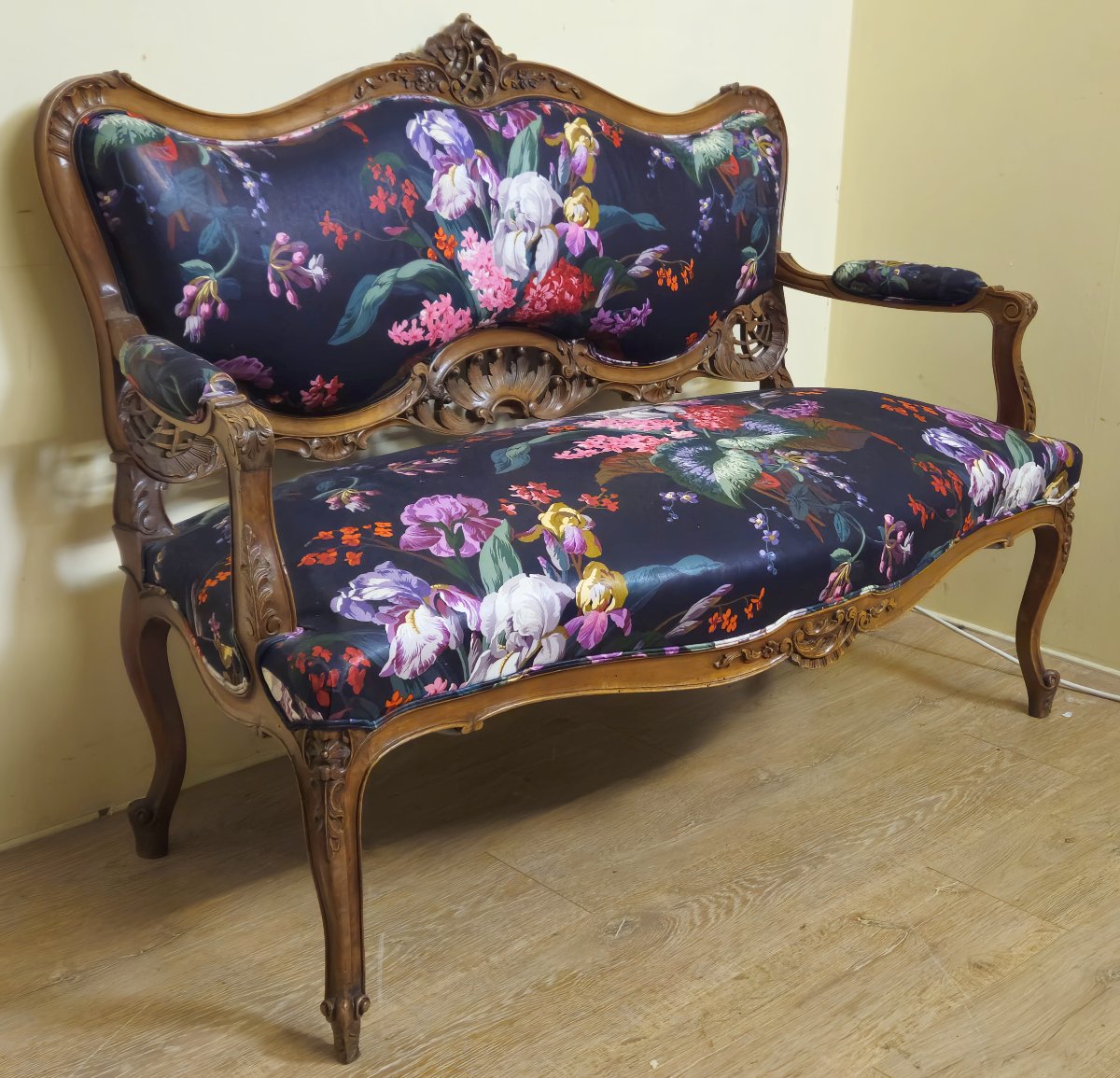 Banquette ancienne de style Louis XV / Napoléon III, en bois sculpté-photo-4