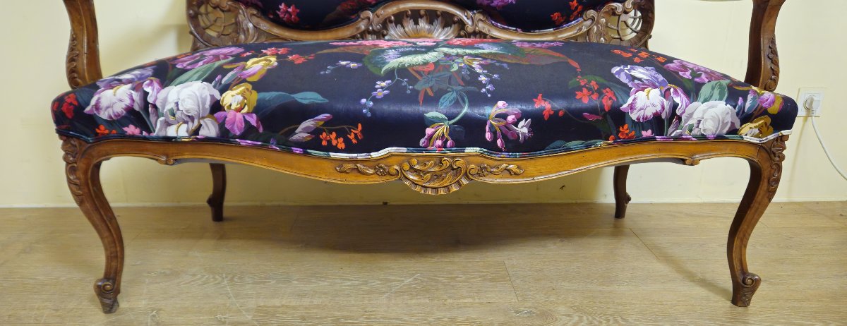 Banquette ancienne de style Louis XV / Napoléon III, en bois sculpté-photo-6