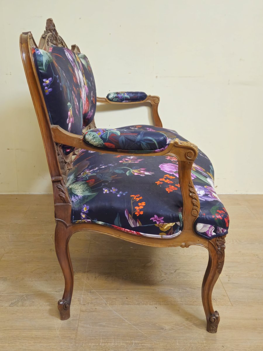 Banquette ancienne de style Louis XV / Napoléon III, en bois sculpté-photo-7