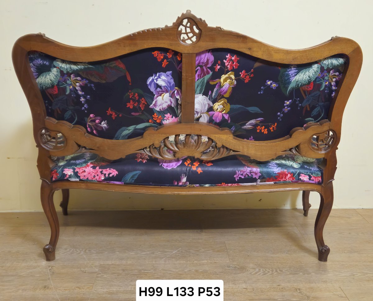 Banquette ancienne de style Louis XV / Napoléon III, en bois sculpté-photo-8