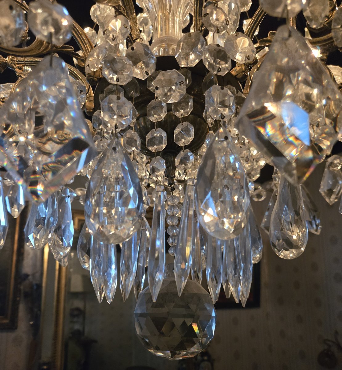 Antique Bronze Chandelier With Baccarat Crystal Pendants – 8 Lights – 19th Century -photo-2