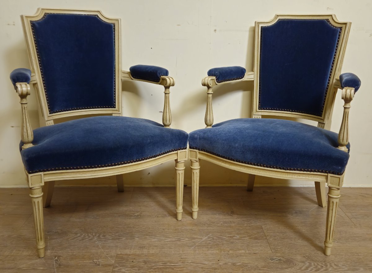 Paire de fauteuils de style Louis XVI – Velours bleu & bois laqué crème -photo-5