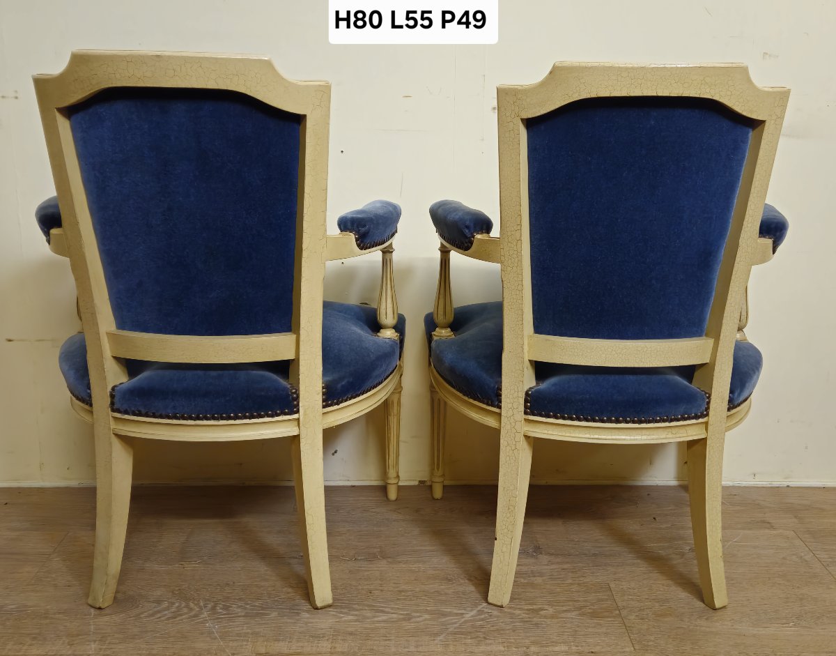 Paire de fauteuils de style Louis XVI – Velours bleu & bois laqué crème -photo-7