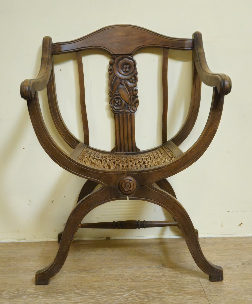 Art Nouveau Style Curule Chair / In Carved Walnut – Cane Seat -photo-1