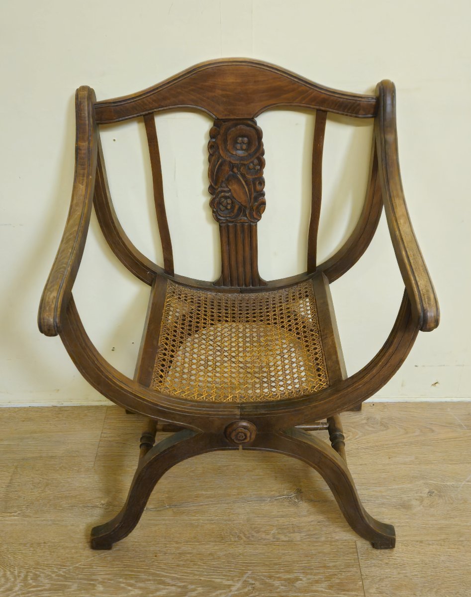 Art Nouveau Style Curule Chair / In Carved Walnut – Cane Seat -photo-2