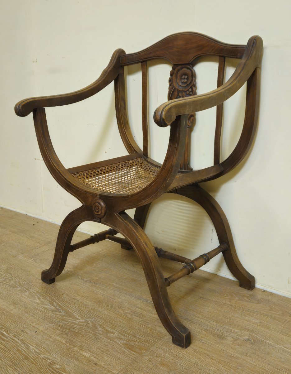 Art Nouveau Style Curule Chair / In Carved Walnut – Cane Seat -photo-3
