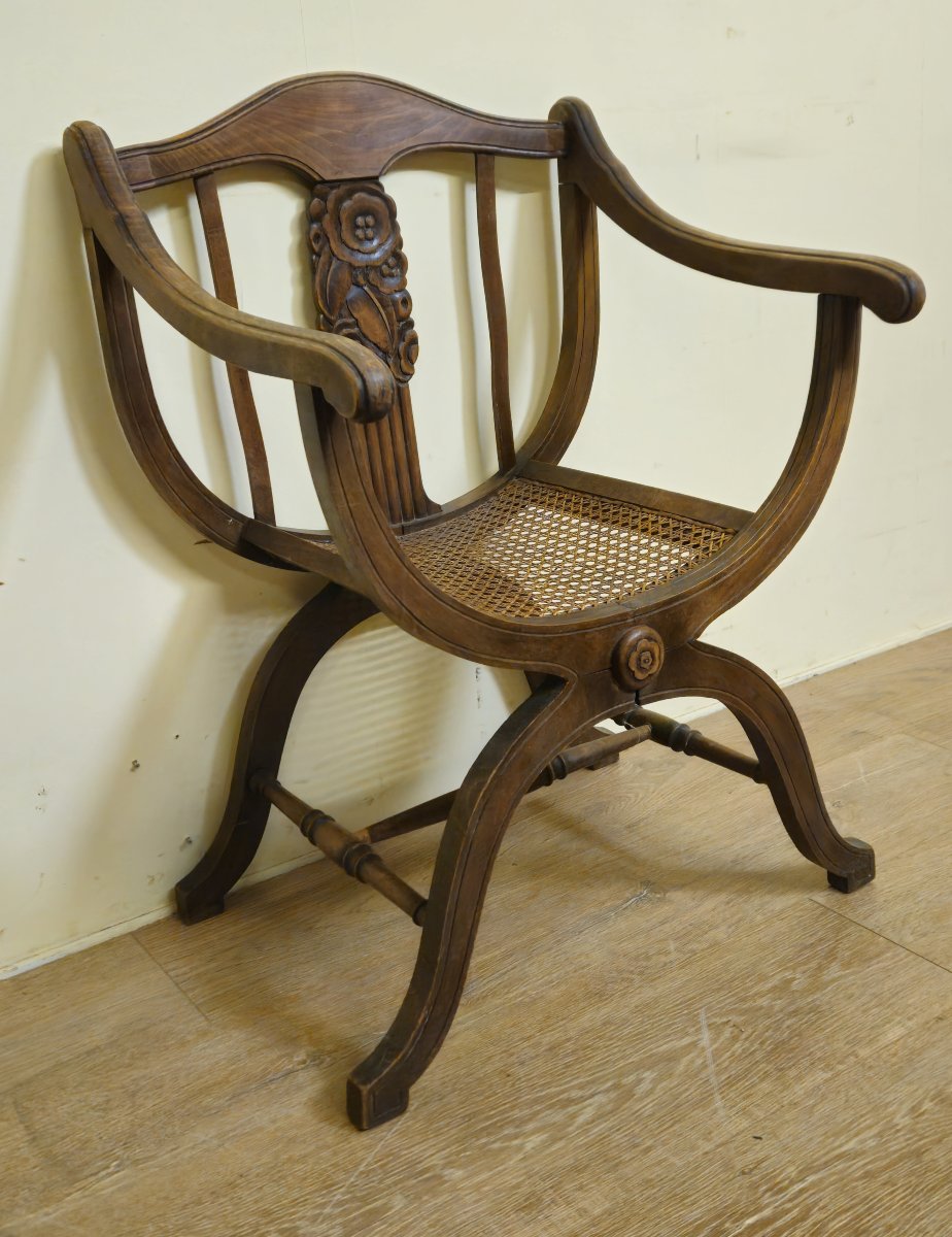 Art Nouveau Style Curule Chair / In Carved Walnut – Cane Seat -photo-4