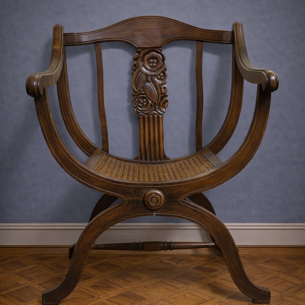 Art Nouveau Style Curule Chair / In Carved Walnut – Cane Seat 