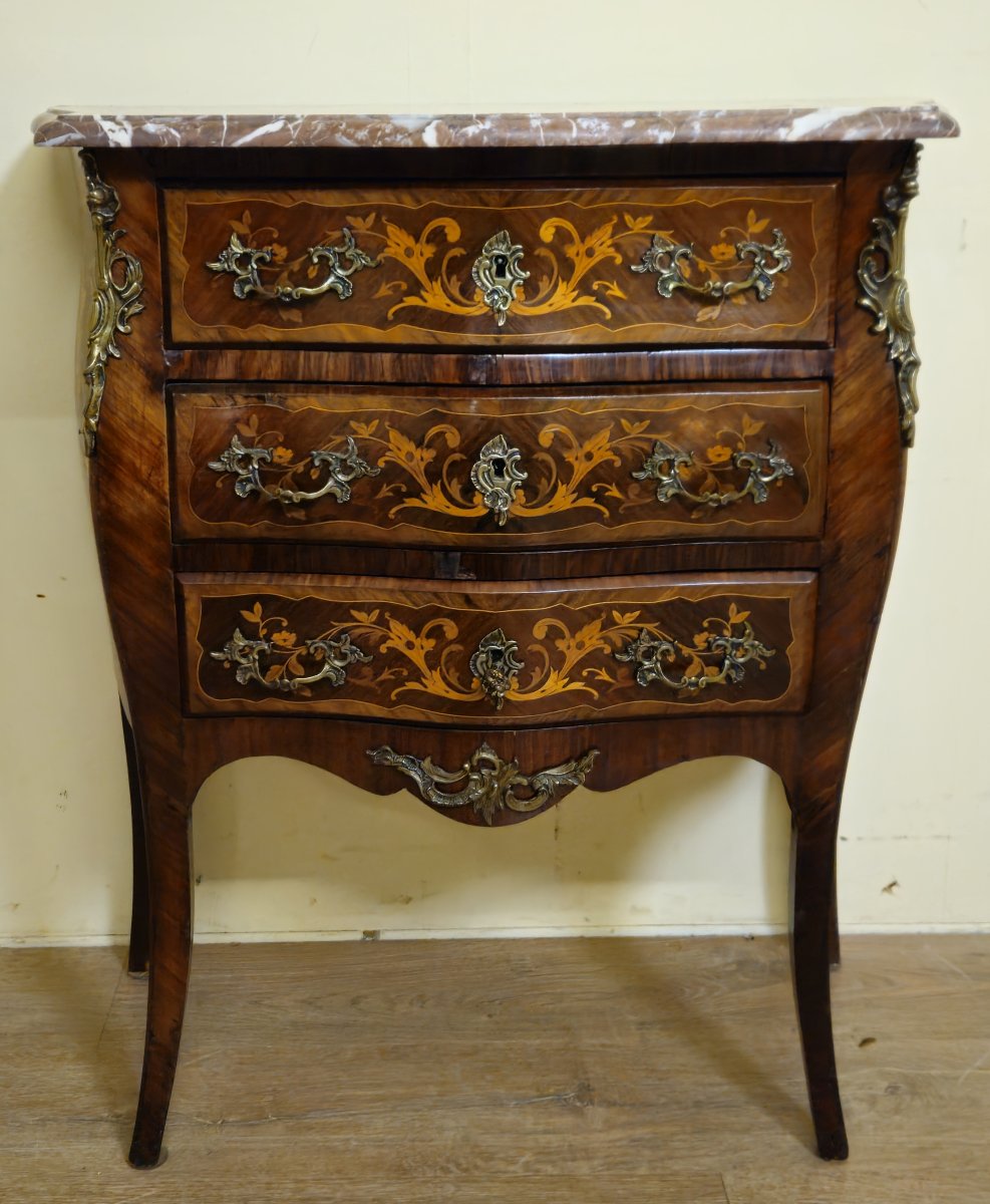 Louis XV Style Marquetry Commode – 3 Drawers – Marble Top – Gilt Bronze – 19th Century -photo-1