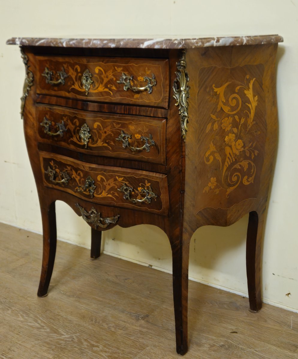 Louis XV Style Marquetry Commode – 3 Drawers – Marble Top – Gilt Bronze – 19th Century -photo-2