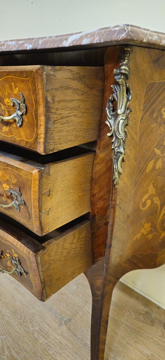 Louis XV Style Marquetry Commode – 3 Drawers – Marble Top – Gilt Bronze – 19th Century -photo-4
