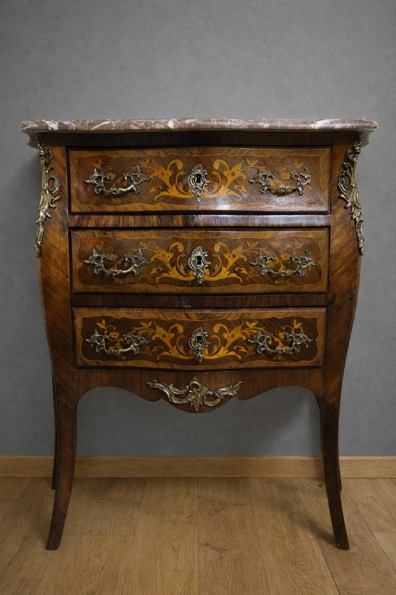 Louis XV Style Marquetry Commode – 3 Drawers – Marble Top – Gilt Bronze – 19th Century 