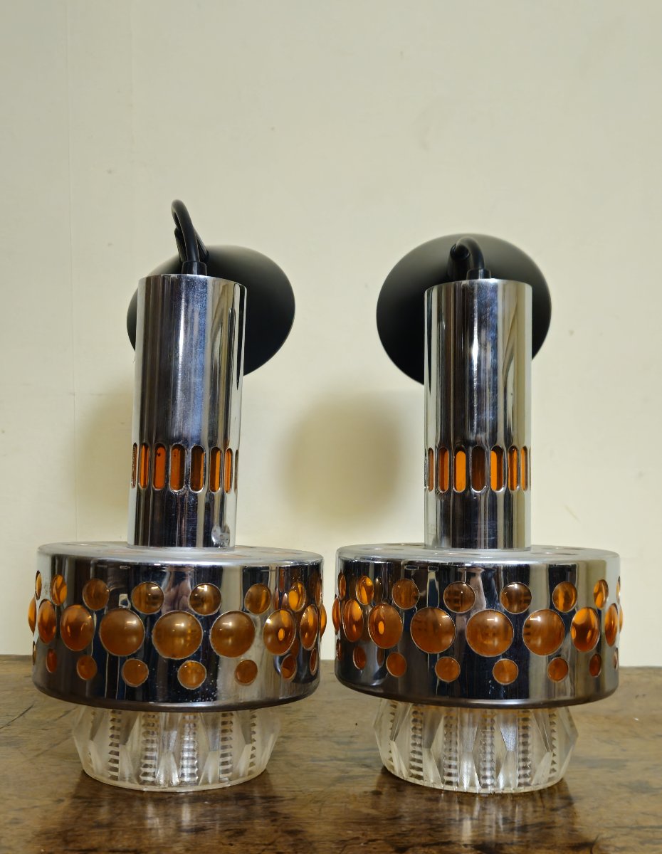 Raak 1970 - Pair Of Designer Wall Lights In Chrome With Amber Cabochons  -photo-1