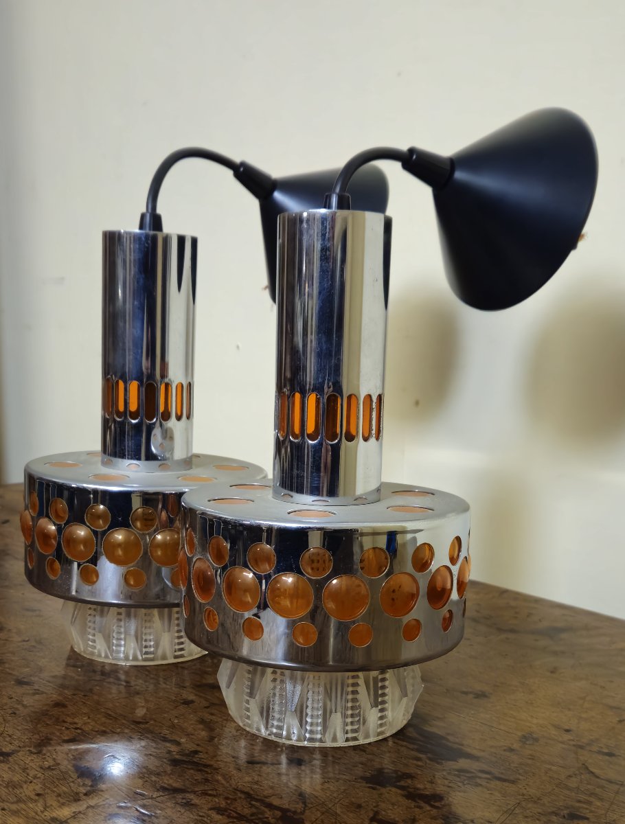 Raak 1970 - Pair Of Designer Wall Lights In Chrome With Amber Cabochons  -photo-2