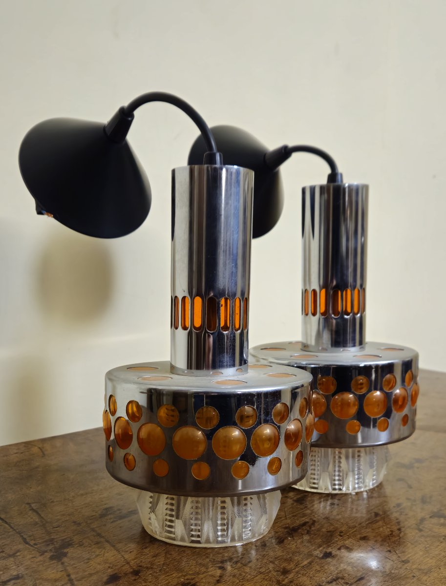 Raak 1970 - Pair Of Designer Wall Lights In Chrome With Amber Cabochons  -photo-3