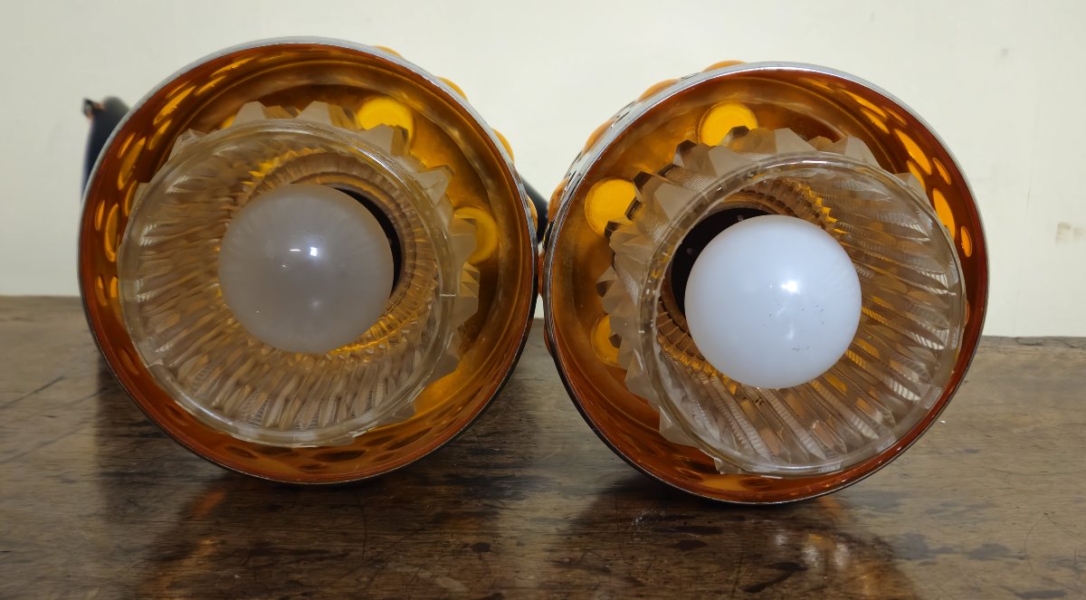 Raak 1970 - Pair Of Designer Wall Lights In Chrome With Amber Cabochons  -photo-5