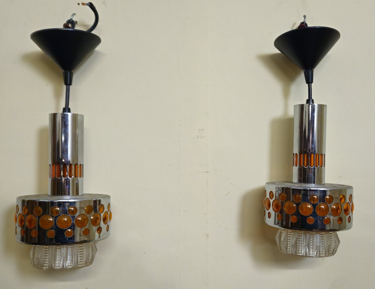 Raak 1970 - Pair Of Designer Wall Lights In Chrome With Amber Cabochons  -photo-6