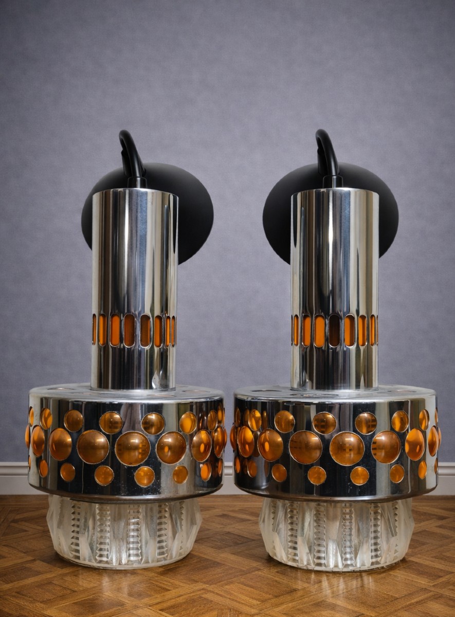 Raak 1970 - Pair Of Designer Wall Lights In Chrome With Amber Cabochons  