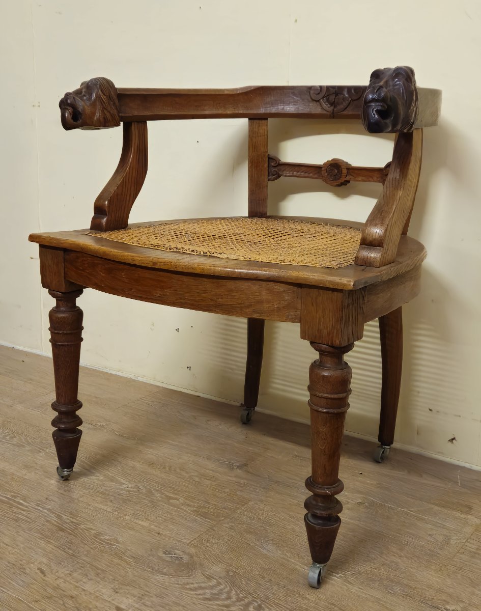 Antique Renaissance-style Carved Wooden Office Chair – Cane Seat – 19th Century-photo-2