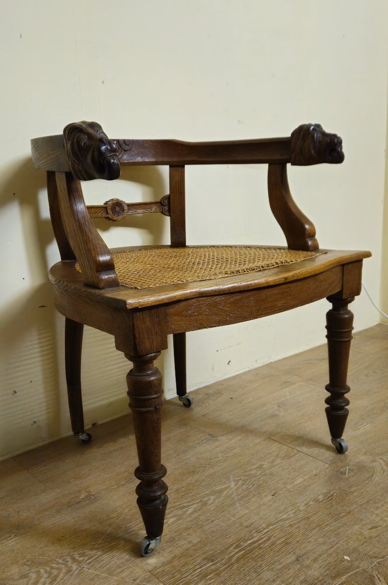 Antique Renaissance-style Carved Wooden Office Chair – Cane Seat – 19th Century-photo-7