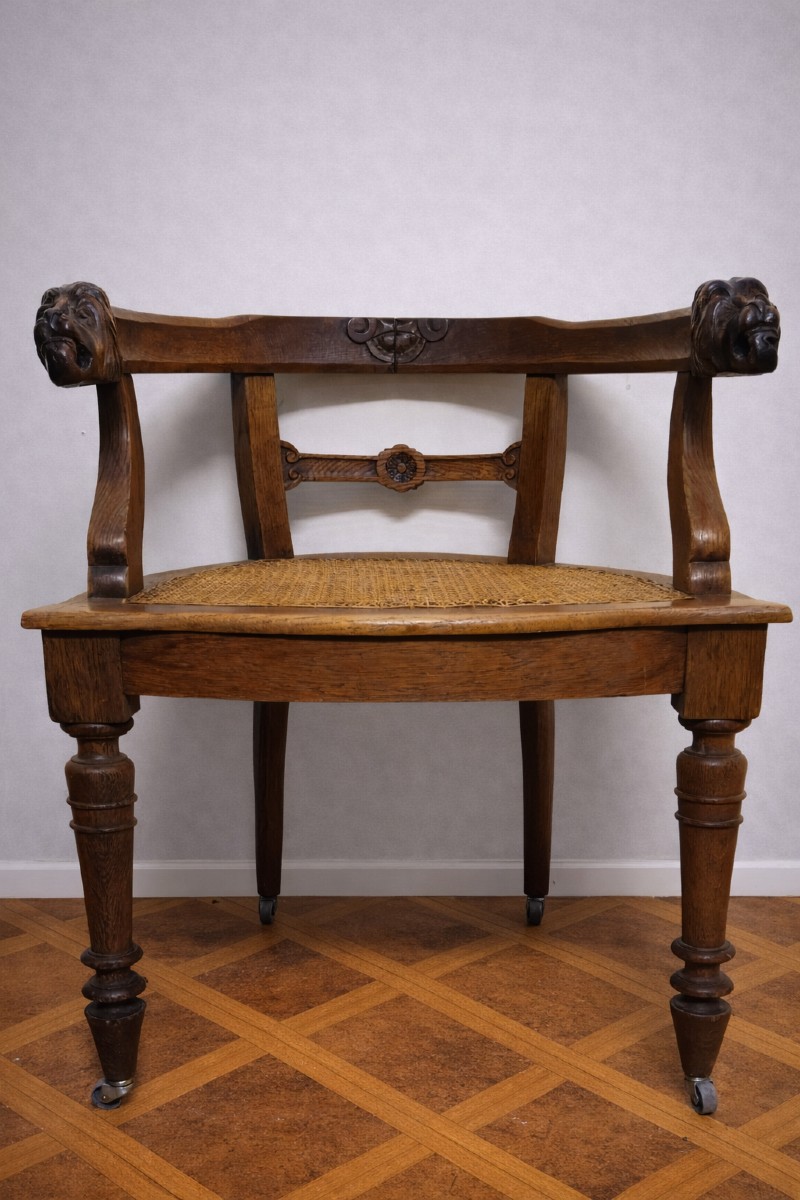 Antique Renaissance-style Carved Wooden Office Chair – Cane Seat – 19th Century