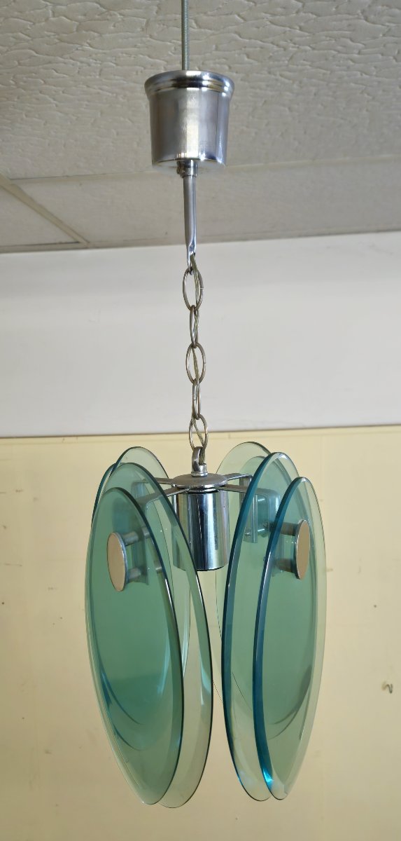 Nilo Veca pour Fontana Arte : Suspension design vintage en verre fumé vert & métal chromé-photo-1