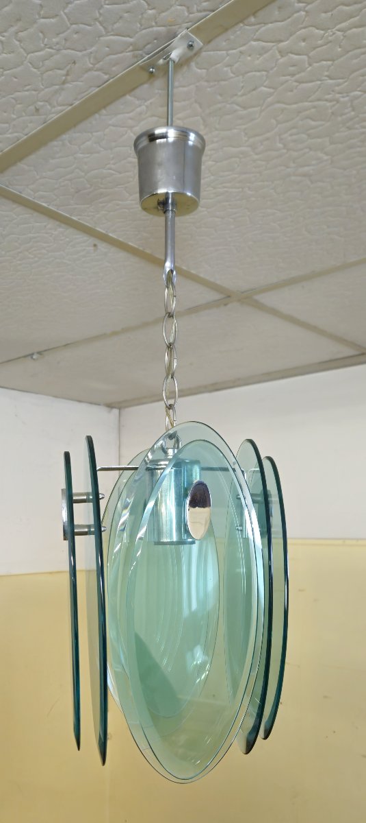 Nilo Veca pour Fontana Arte : Suspension design vintage en verre fumé vert & métal chromé-photo-2