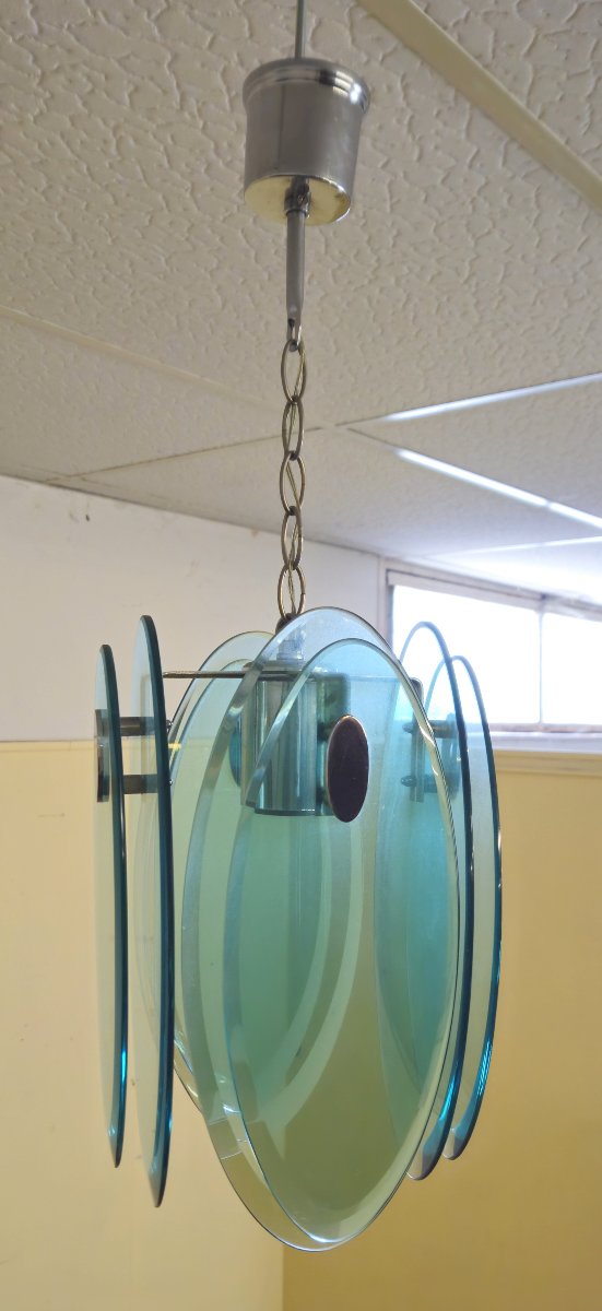 Nilo Veca pour Fontana Arte : Suspension design vintage en verre fumé vert & métal chromé-photo-3