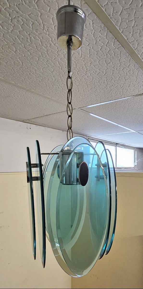 Nilo Veca pour Fontana Arte : Suspension design vintage en verre fumé vert & métal chromé-photo-4