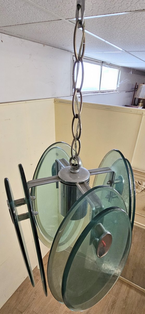 Nilo Veca pour Fontana Arte : Suspension design vintage en verre fumé vert & métal chromé-photo-5