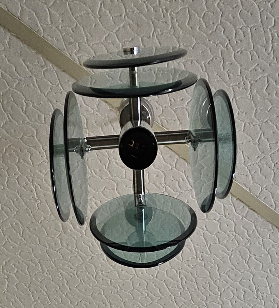 Nilo Veca pour Fontana Arte : Suspension design vintage en verre fumé vert & métal chromé-photo-6