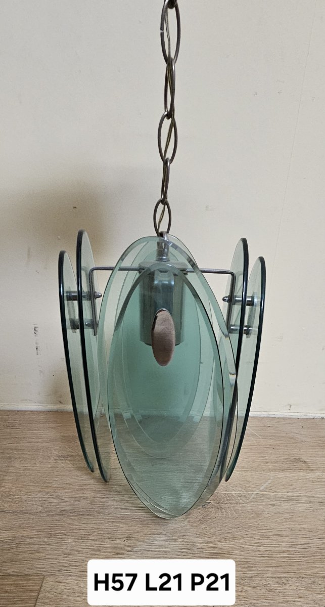 Nilo Veca pour Fontana Arte : Suspension design vintage en verre fumé vert & métal chromé-photo-8