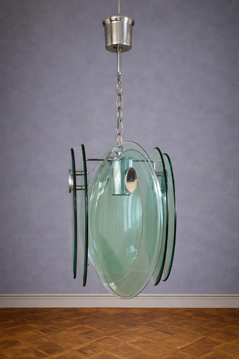 Nilo Veca pour Fontana Arte : Suspension design vintage en verre fumé vert & métal chromé