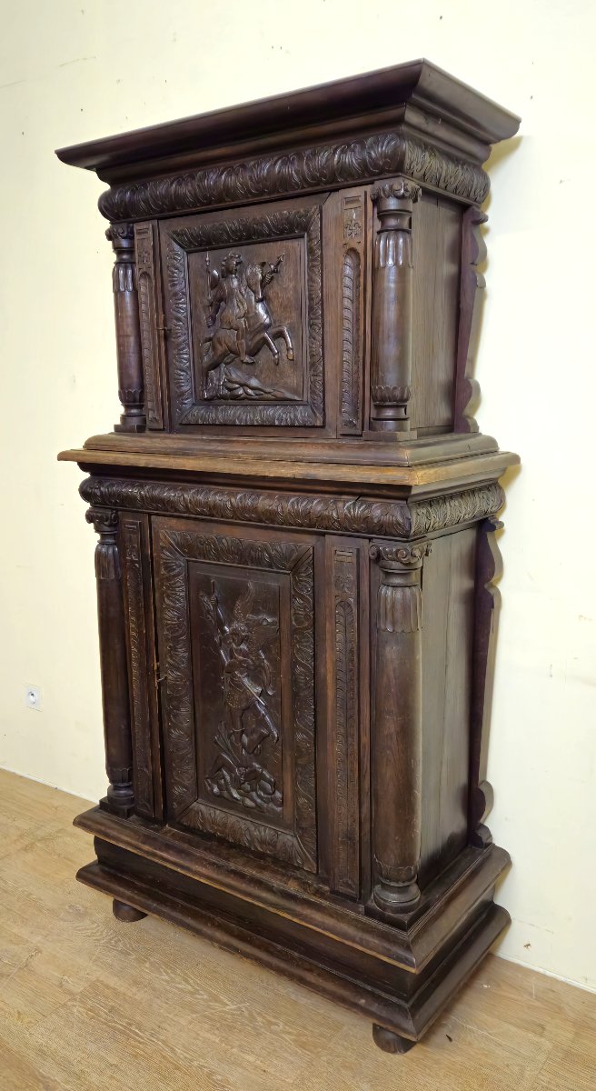 Two-part Cabinet - Antique Renaissance-style Cabinet In Carved Oak – -photo-2