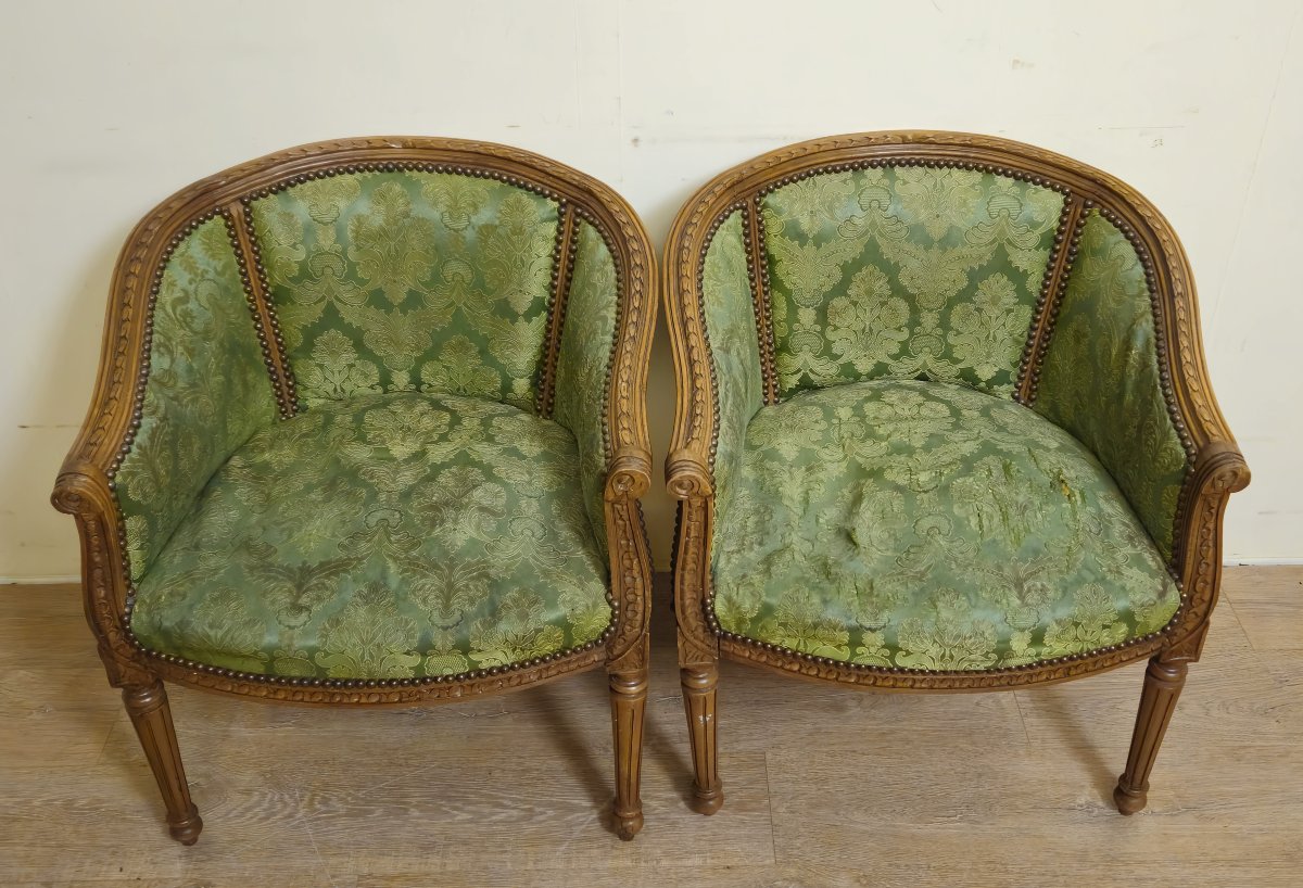 Pair Of Antique Louis XVI Style Armchairs – Green Damask Fabric    -photo-2