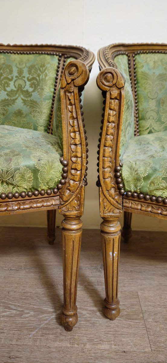 Pair Of Antique Louis XVI Style Armchairs – Green Damask Fabric    -photo-3