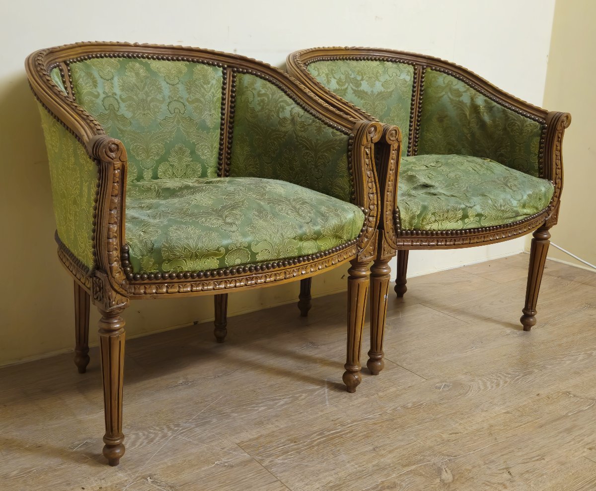 Pair Of Antique Louis XVI Style Armchairs – Green Damask Fabric    -photo-4