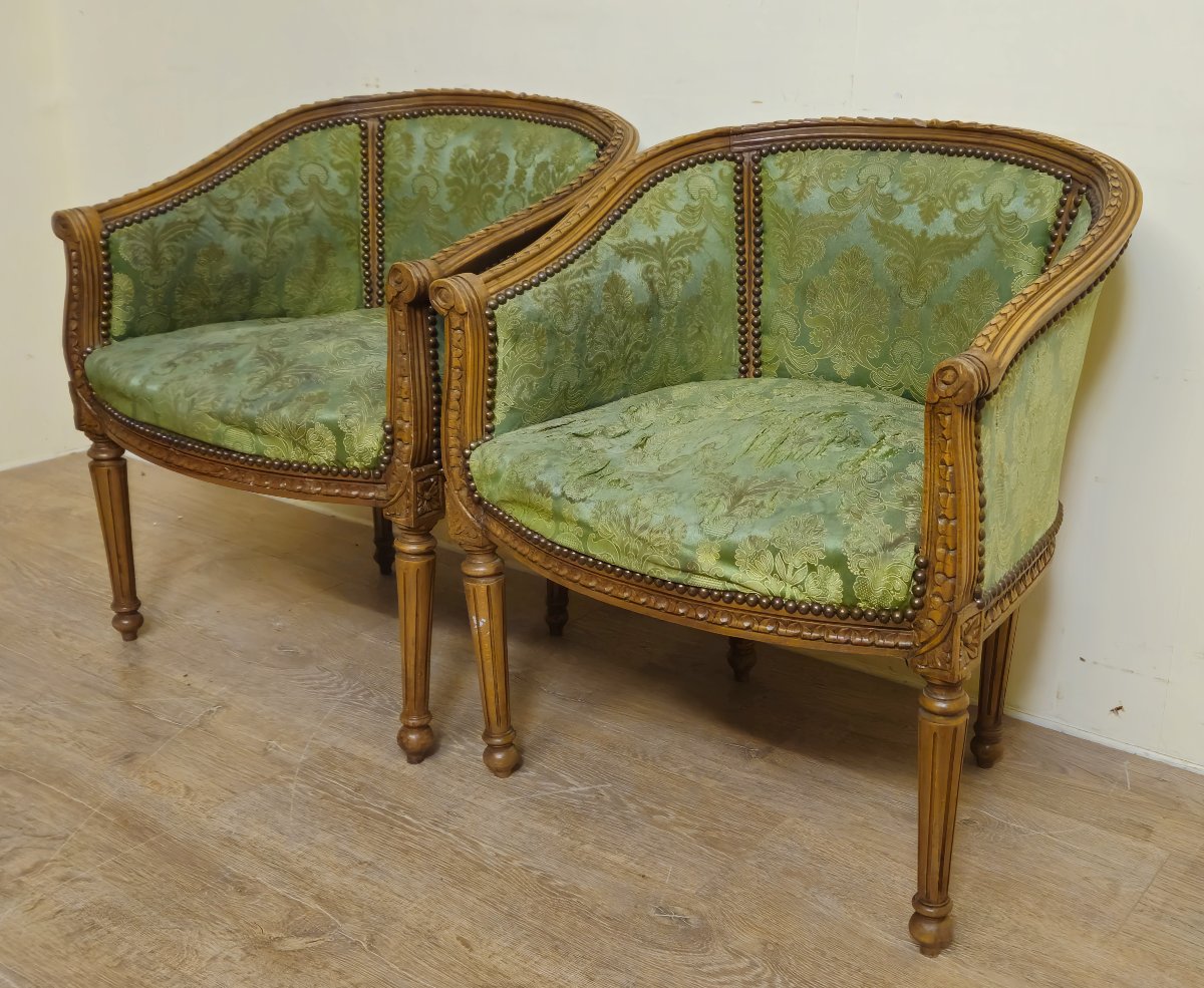 Pair Of Antique Louis XVI Style Armchairs – Green Damask Fabric    -photo-5