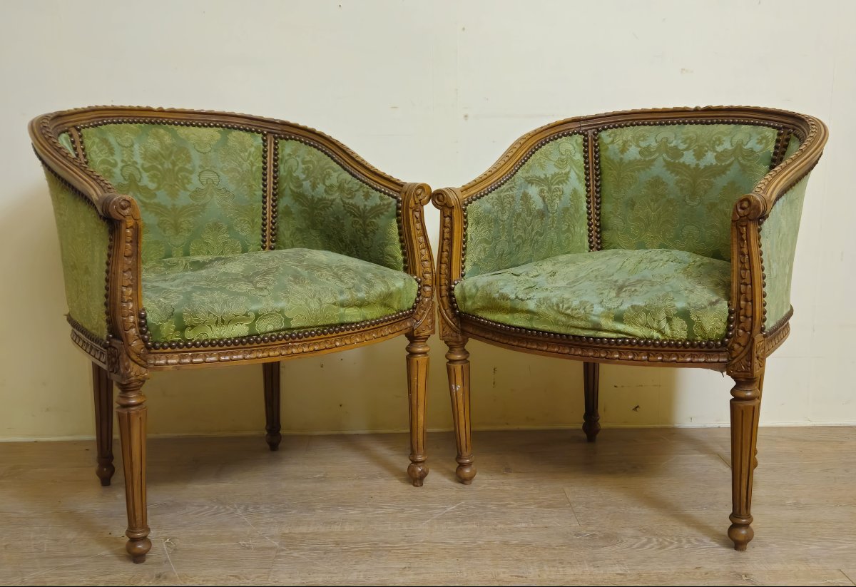 Pair Of Antique Louis XVI Style Armchairs – Green Damask Fabric    -photo-6