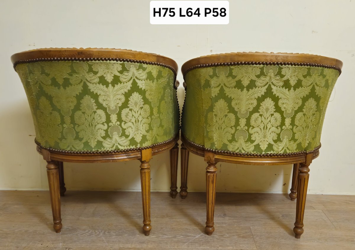 Pair Of Antique Louis XVI Style Armchairs – Green Damask Fabric    -photo-7